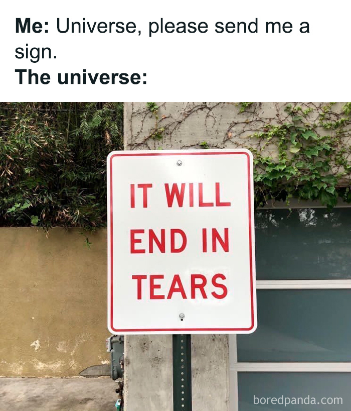 Relatable mental health meme with a sign saying, "It will end in tears," highlighting humorous life struggles.