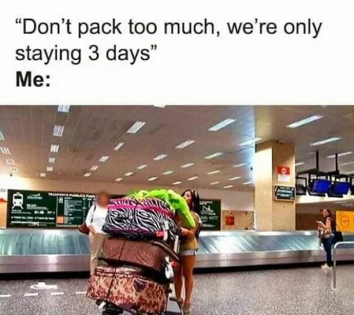 Traveler at baggage claim with an overloaded cart of suitcases, illustrating relatable memes about overpacking for short trips.
