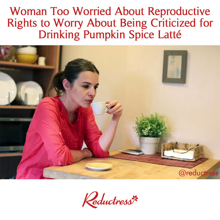 Woman in red shirt drinking coffee, concerned, humorous fake headline in the background.