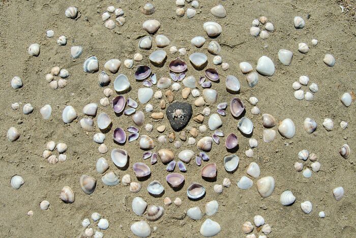 Quirky treasures arranged in a mandala pattern on sandy beach.