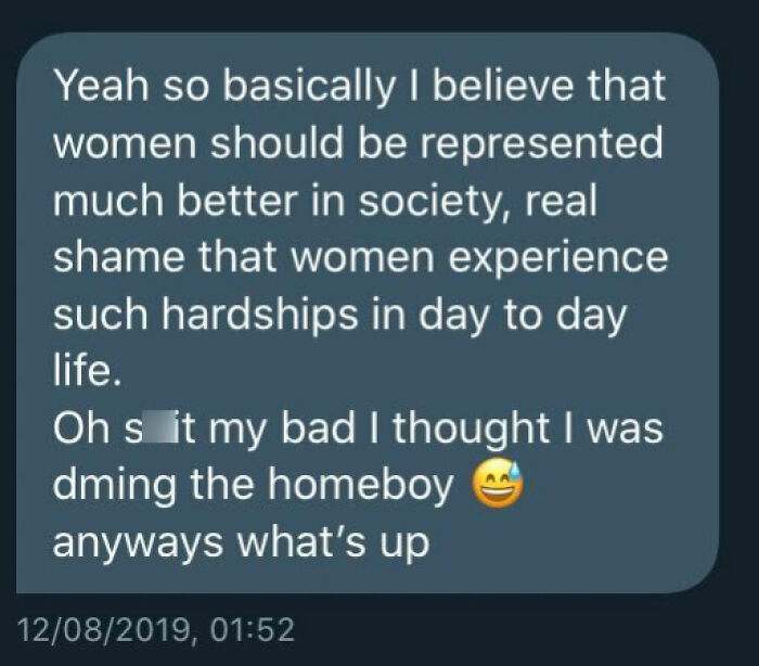 Awkward text message about women's representation accidentally sent to the wrong person.