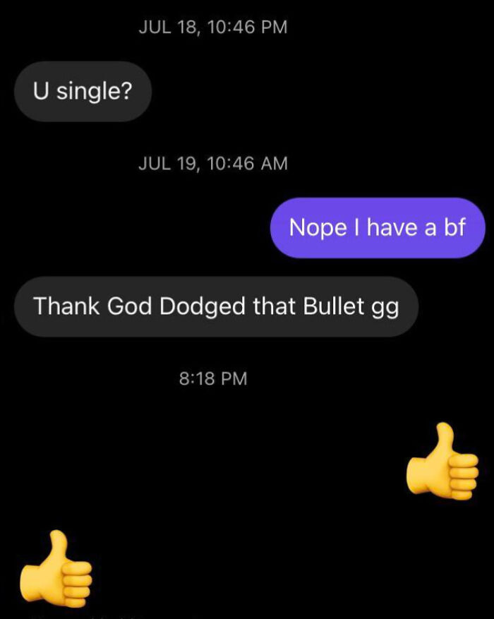 Awkward text message exchange about relationship status with humorous response and thumbs-up emojis.