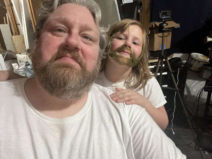 While Working In The Garage, My Daughter Comes In With A White Tee And Slime Beard, “See? I Told You We Look Alike!”
