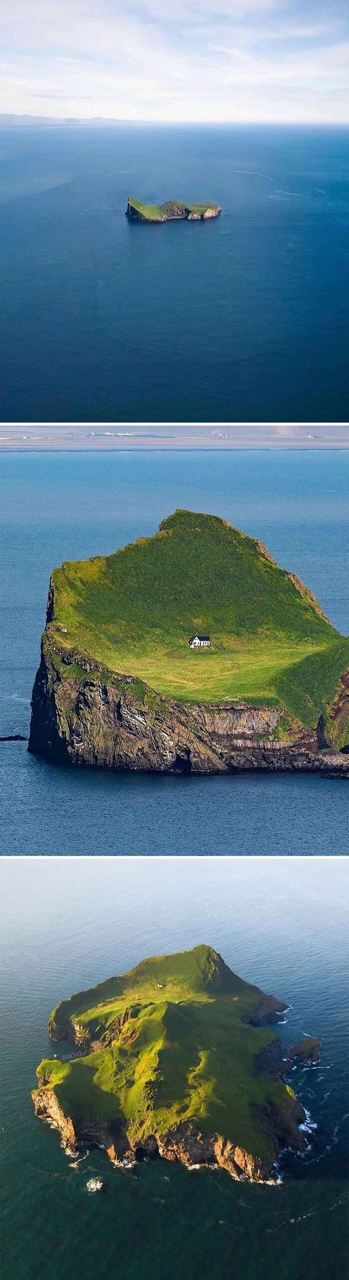 Aerial views of a small island with green cliffs and a solitary house, illustrating random and interesting facts.