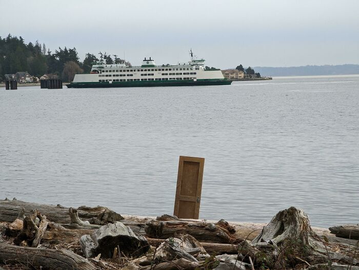 Quirky treasure: a solitary door stands amid driftwood on the shore, with a ferry in the background.