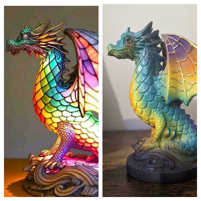 Colorful dragon sculpture versus dull dragon figure, highlighting online shopping fails.