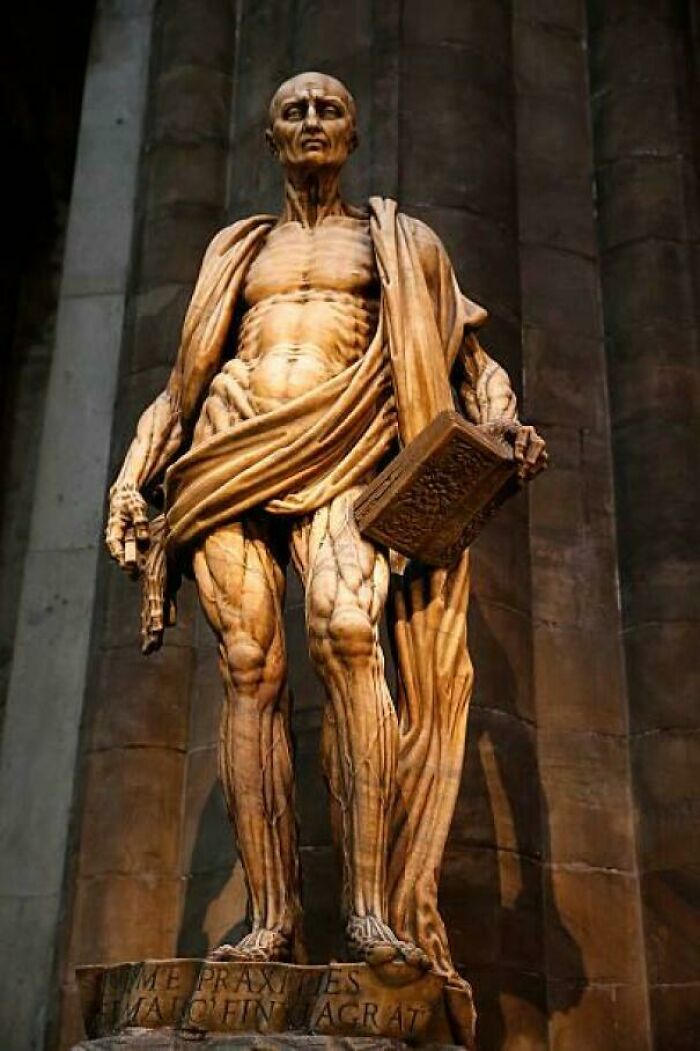 A creepy, unsettling anatomical statue of St. Bartholomew Flayed, showing exposed muscles and veins, part of creepy images.