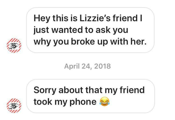 Awkward text message screenshot: Lizzie's friend inquires about a breakup; sender blames their friend for sending the message.