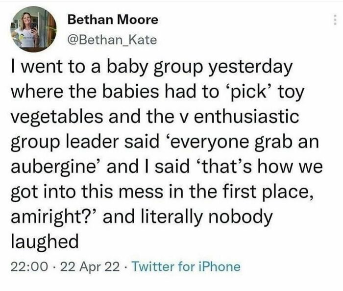 Funny tweet about a baby group, toy vegetables, and a pun involving aubergine from a hilarious tweet collection.