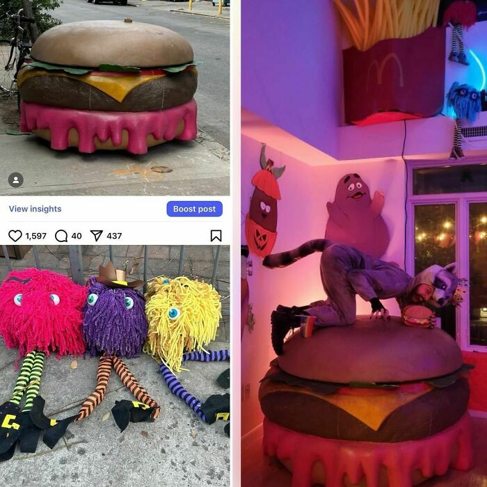 Large burger and colorful creatures found on curbside, showcasing Stooping NYC's quirky finds.