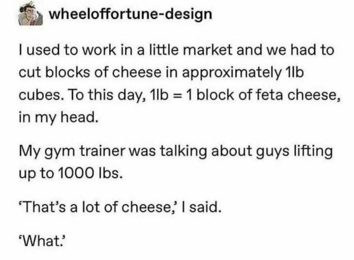 Screenshot of a hilarious tweet about confusing pounds of cheese with weightlifting, shared on a popular IG page.