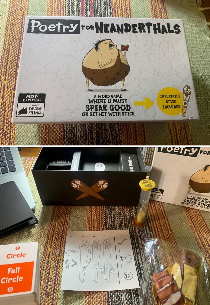 Compact and straightforward word game Poetry for Neanderthals box and game pieces on a textured surface.