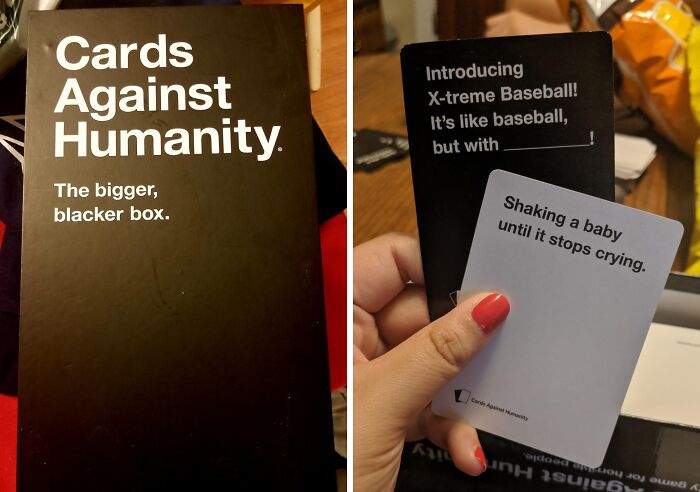 Cards Against Humanity game box and cards displayed on a table, popular compact and straightforward games loved by many.