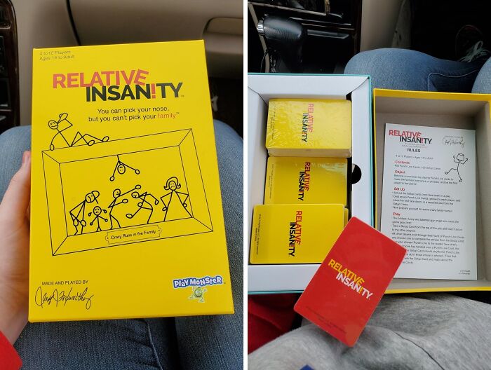 Relative Insanity card game box and contents, a compact and straightforward game loved by players of all ages.
