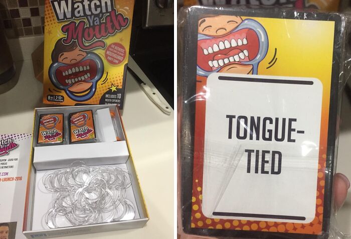Watch Ya' Mouth game box with mouthpieces and word cards, a compact and straightforward game for quick fun.