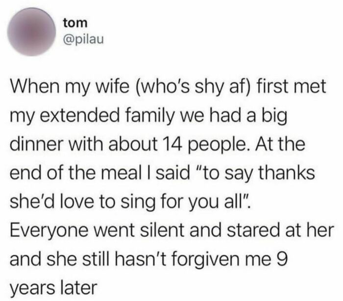 Funny tweet about a shy wife awkwardly meeting extended family shared on a page with hilarious tweets.