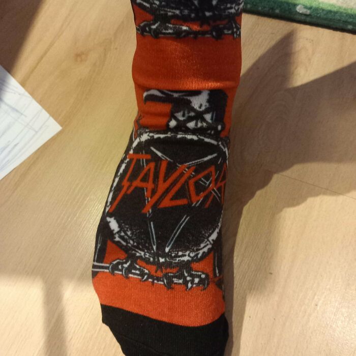 My Dad Bought These Slayer Socks Online, But The Band Logo Had The Word 'Taylor' Written On It When It Arrived
