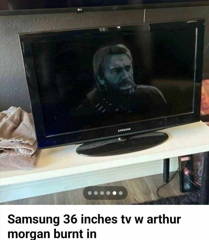 Samsung TV with Arthur Morgan image burn-in pattern on screen, showcasing unique incident from "Pics That Go Hard" page.