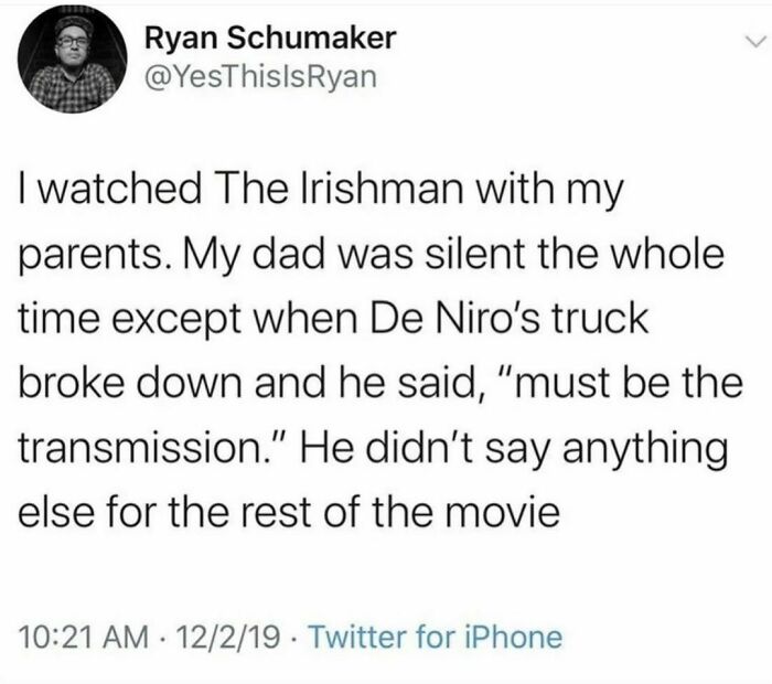 Tweet screenshot showing a hilarious comment about watching The Irishman with parents shared on a humor page.