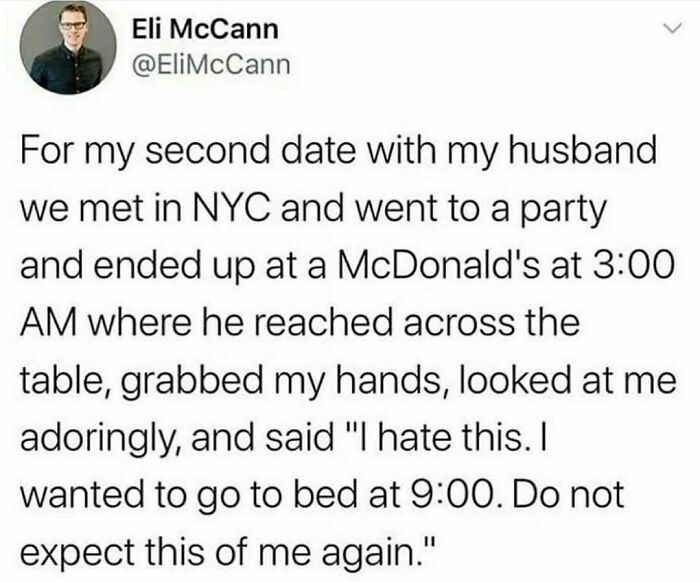Screenshot of a hilarious tweet about a second date ending at McDonald's at 3 AM, shared on a popular IG page.