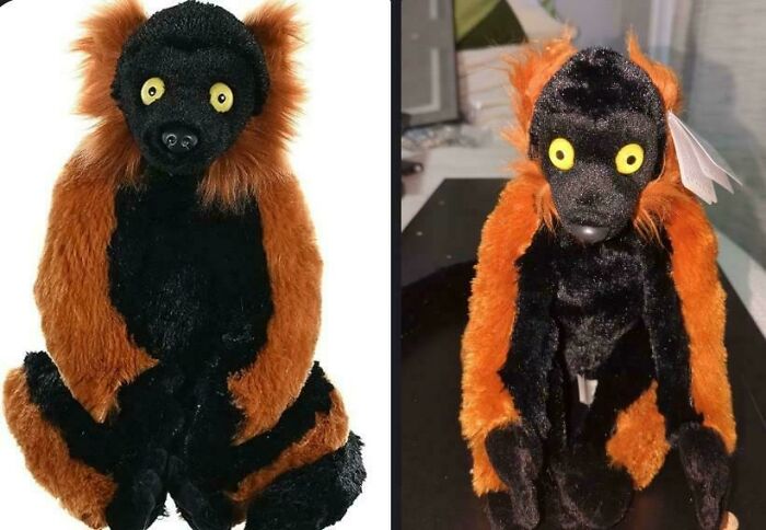 Online shopping fail: expected plush lemur on the left, received distorted version on the right.