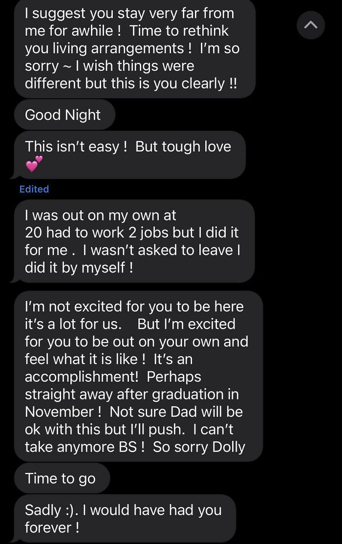 Text messages reflecting a toxic mother-child relationship, discussing tough love and independence.