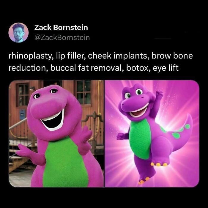 Purple dinosaur meme humorously showcasing cosmetic enhancements; a relatable tired millennial theme.