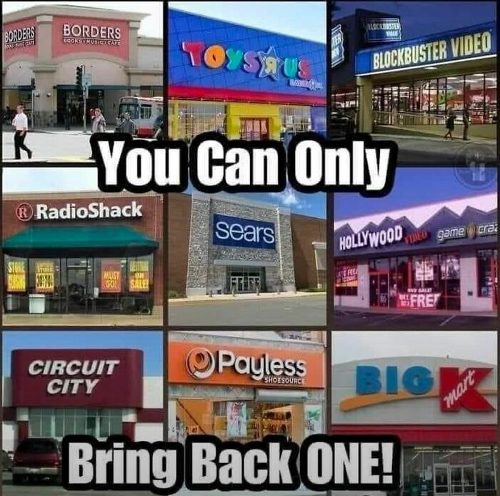 Collage of nostalgic stores like Borders, Toys R Us, Blockbuster, RadioShack, Sears, and more to unlock memories.