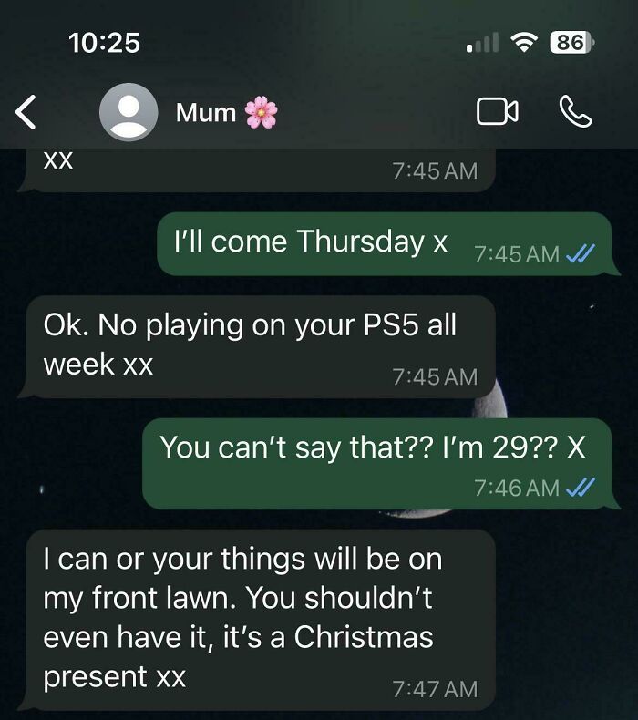 Text message exchange showing a toxic conversation between a mother and her adult child about a PS5 restriction.