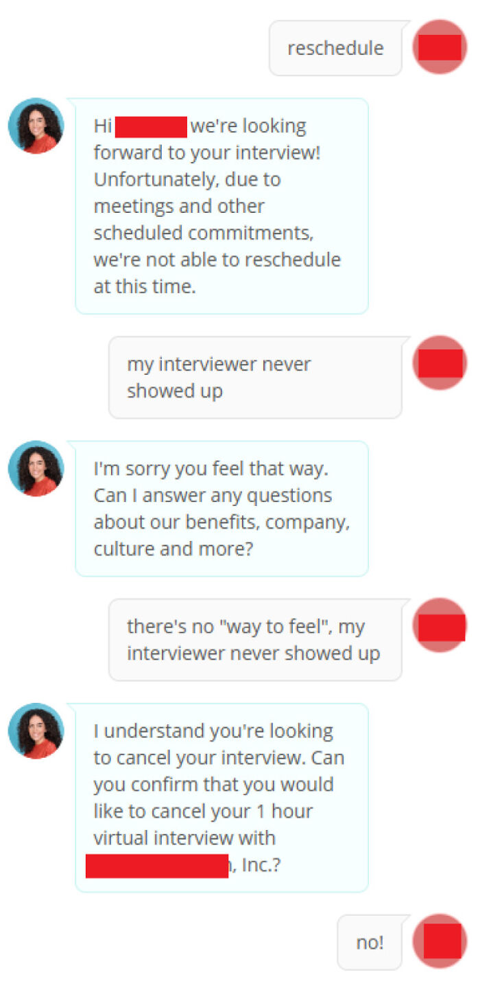 Chat conversation highlighting a frustrating recruiting experience with missed interview and rescheduling issues.