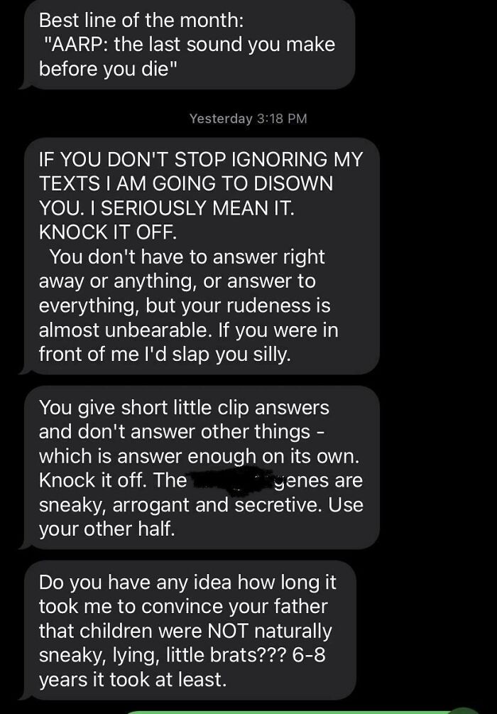Text messages from a toxic mother, expressing frustration and threatening to disown her child.