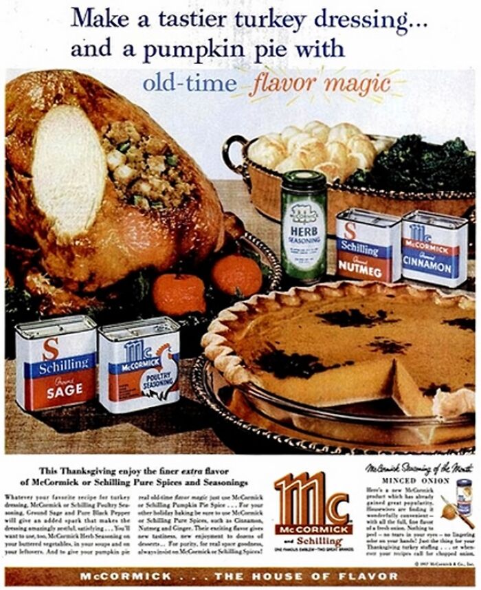 Vintage Thanksgiving ad featuring McCormick spices, including sage and cinnamon, with turkey and pumpkin pie.