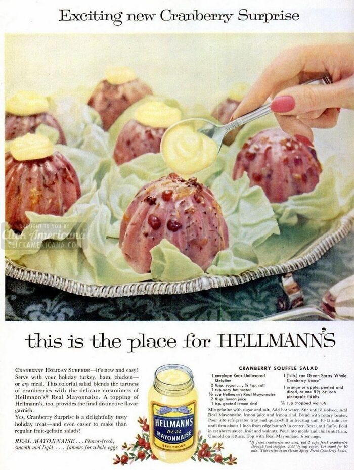 Vintage Thanksgiving ad featuring Hellmann's mayonnaise and cranberry salad.