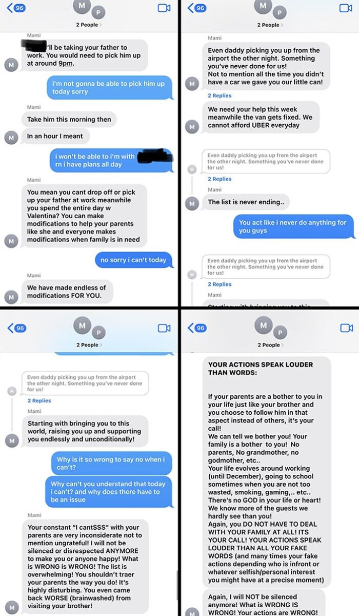 Text conversation highlighting toxic parenting behavior, with a child expressing frustration over parental demands.