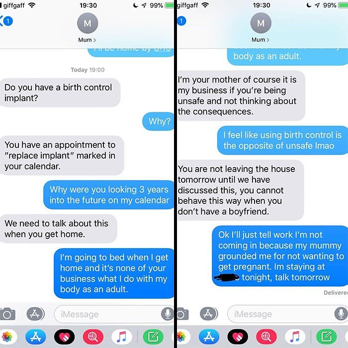 Phone text exchange illustrating toxic mother behavior in a conversation about birth control and personal boundaries.