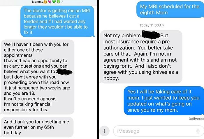 Text exchange depicting a toxic mother-child relationship over an MRI appointment.