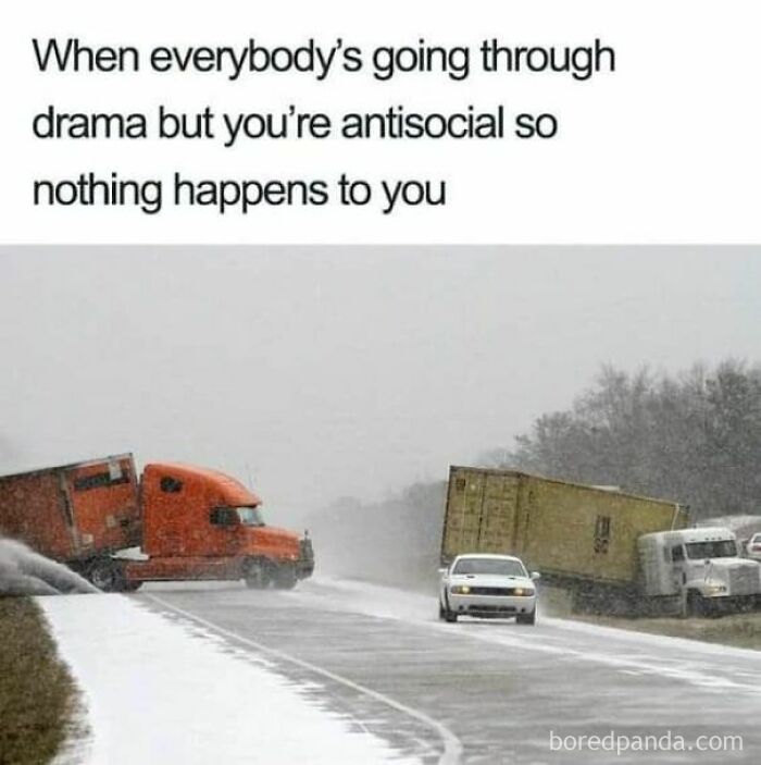 Highway crash with trucks and a car in snowy conditions illustrating relatable memes on antisocial life and drama.