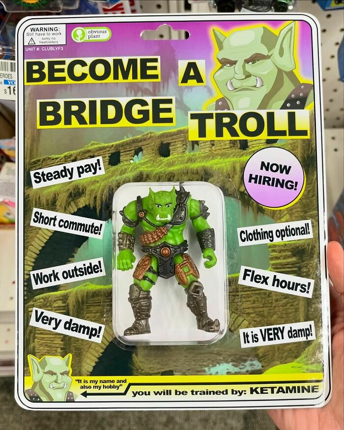 Funny fake product packaging of a bridge troll toy with humorous job perks, part of guy sneaking fake products into real stores.