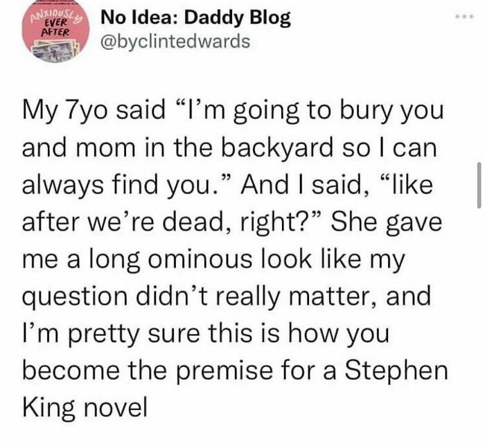 Tweet humor about a 7-year-old’s dark joke, shared on an Instagram page featuring hilarious tweets collection.