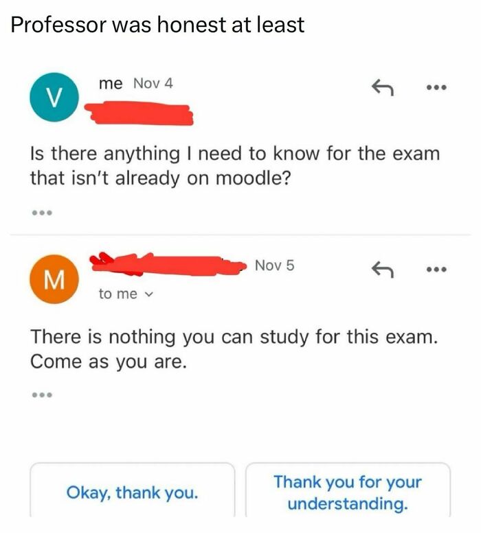 Email exchange meme about a student asking a professor about exam prep, fitting "College Confessions" humor.