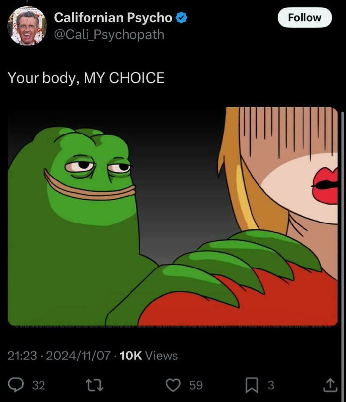 Cartoon frog making a clueless misogynistic comment, captioned "Your body, MY CHOICE."