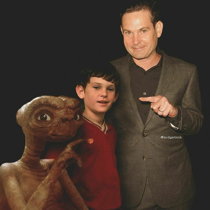 Man in a suit stands with a young boy and a creature, showcasing time's passage with photoshop effects on celebrity images.