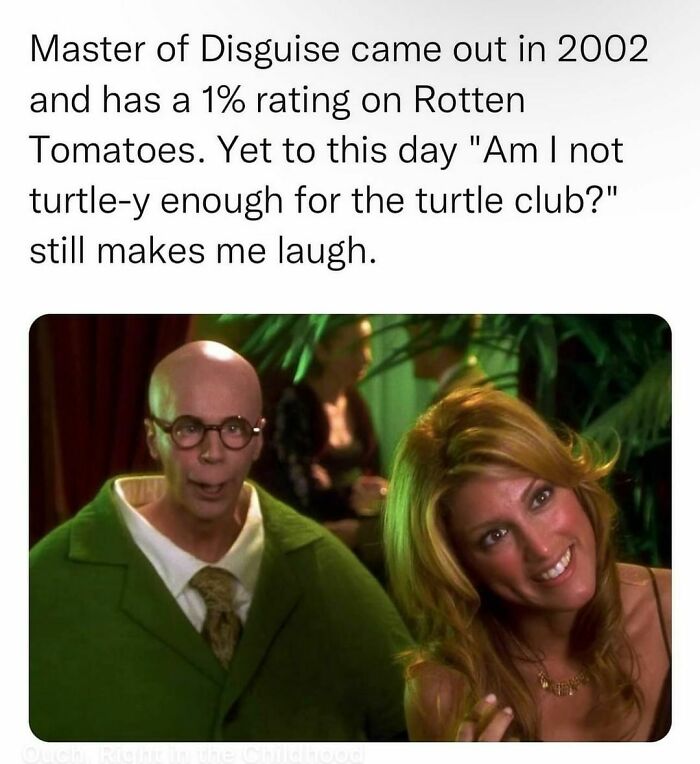 Scene from Master of Disguise movie with a man in disguise and woman smiling, evoking nostalgic memories from early 2000s.