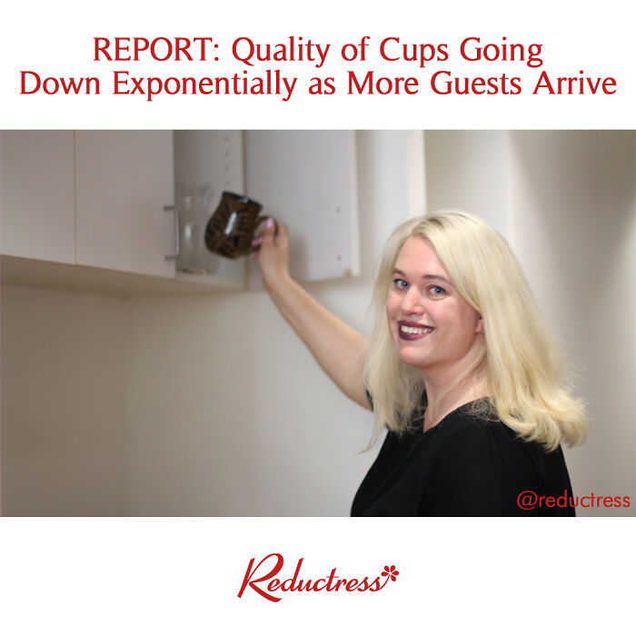 Woman smiling while reaching for a cup in a kitchen cabinet, illustrating a humorous fake headline scenario.