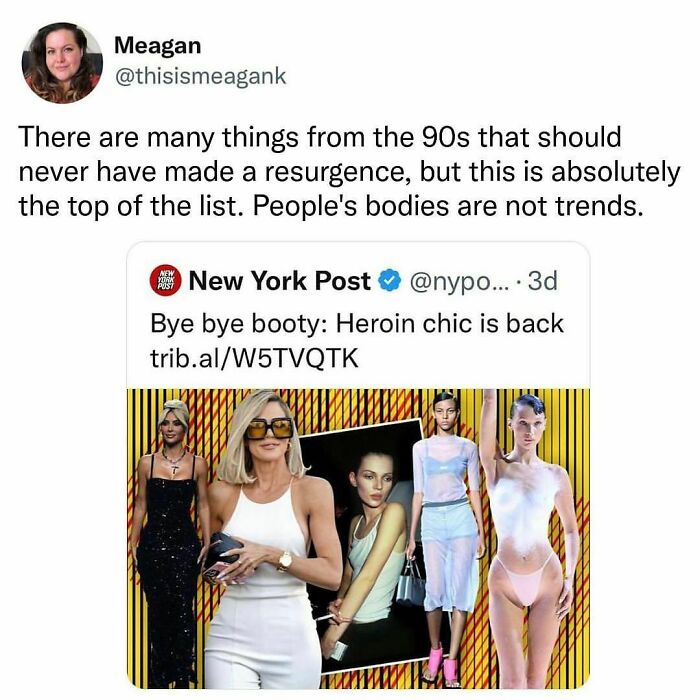Tweet highlighting relatable memes about outdated 90s trends and body image.