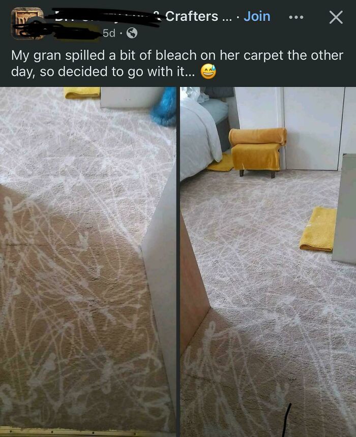 Carpet with bleach stains creating random white patterns, a classic example of DIY disasters that belong in a museum of mistakes.