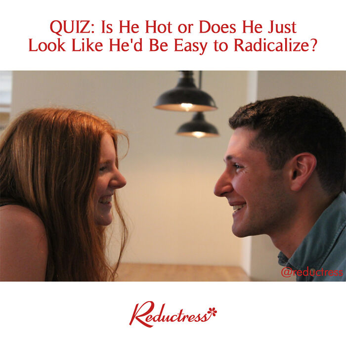 Man and woman smiling at each other under hanging lights, with humorous fake headline text above.