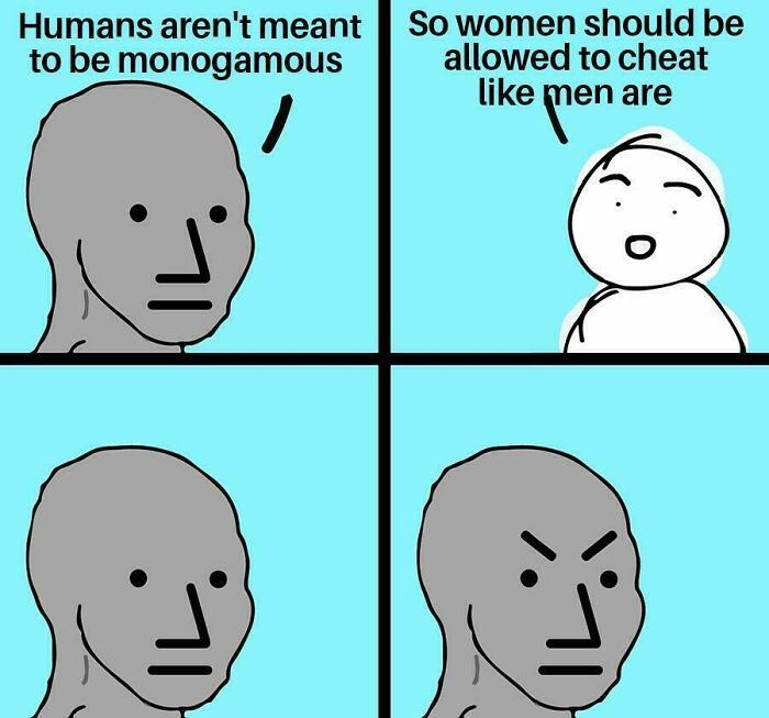 Comic showing clueless misogynist's argument and a counterpoint about monogamy, leaving him speechless.