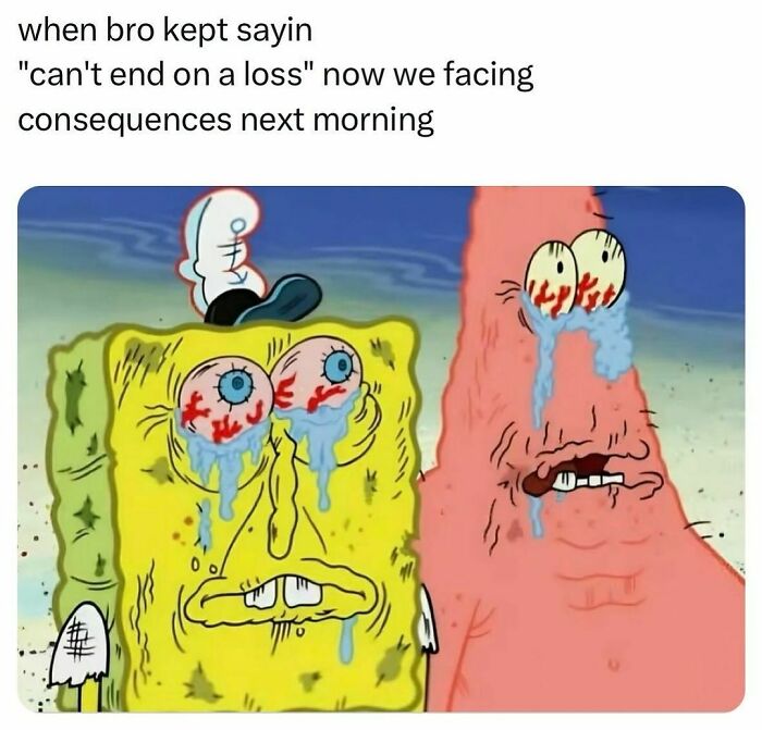 SpongeBob and Patrick looking exhausted and stressed, illustrating funny posts about barely holding it together.