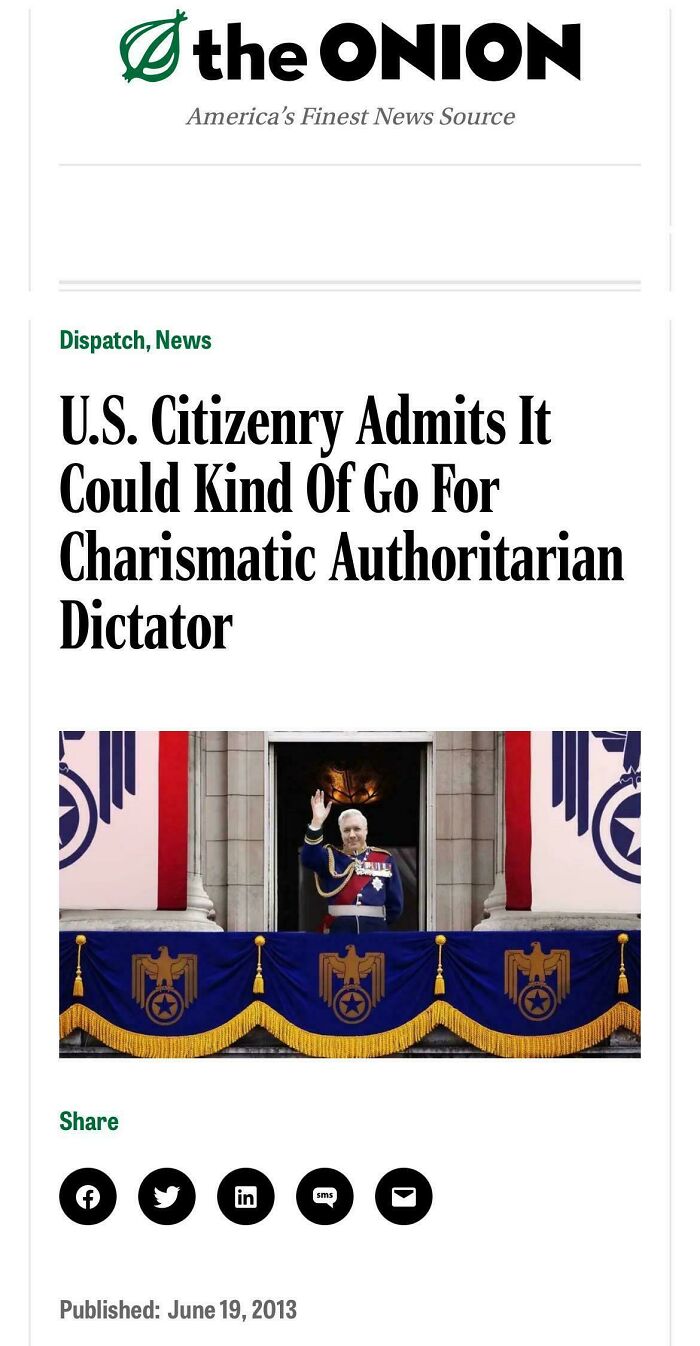 Satirical article about U.S. citizens leaning towards a charismatic authoritarian leader, published in 2013.